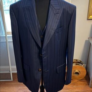 Brioni Dark Blue Pinstripe Three Piece Suit with Vest, Jacket and Pants